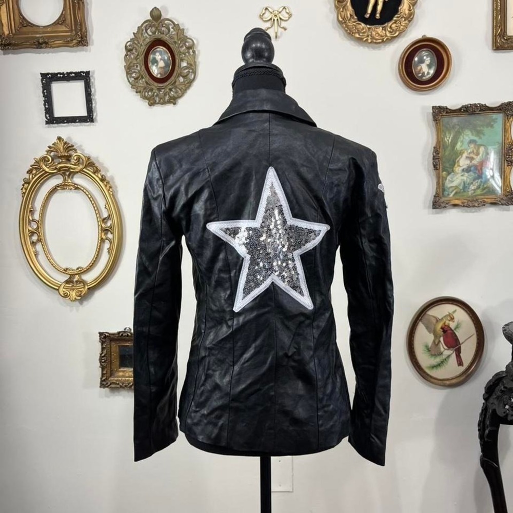 Sojara Black faux Leather Jacket with Sequin Star Back Detail